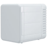 Closed white portable mini fridge in an angled front view