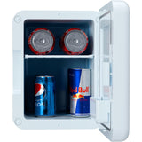 White portable mini fridge open with soda cans on two shelves