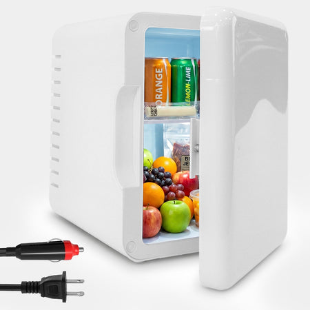 Open white portable mini fridge filled with drinks and fruit