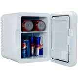Open white mini fridge holding four soda cans