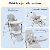 Gray baby high chair showing adjustable height, backrest, and removable tray positions