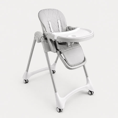 Gray adjustable baby high chair with a white tray on a white background