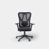 Black ergonomic mesh office chair without the headrest, shown from the front