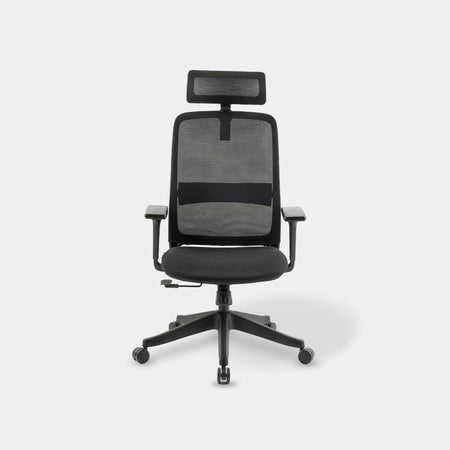 Black NovaCloud ergonomic office chair with mesh back and headrest, front view
