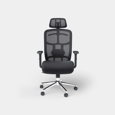 Black ergonomic mesh office chair with headrest, shown from the front