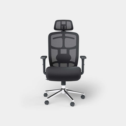 Black ergonomic mesh office chair with headrest, shown from the front