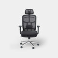 Black ergonomic mesh office chair with headrest, shown from the front