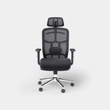 Black ergonomic mesh office chair with headrest, shown from the front