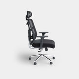 Black ergonomic mesh office chair with chrome base in side profile