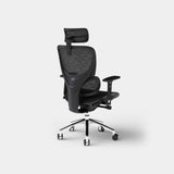 Black mesh office chair from a rear three-quarter angle