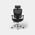 Black mesh office chair with headrest and chrome base, shown from the front