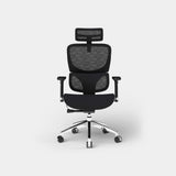 Black mesh office chair with headrest and chrome base, shown from the front