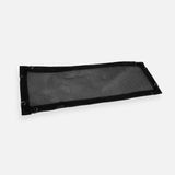 Black mesh cable management net with elastic corner loops on a white background