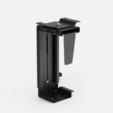 Black under-desk computer tower mount shown from the front angle