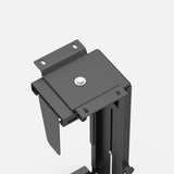 Close-up of the slotted mounting plate on a black computer tower holder