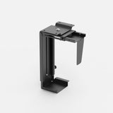Black adjustable under-desk computer tower mount on a white background