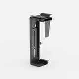 Side view of a black adjustable under-desk computer tower mount