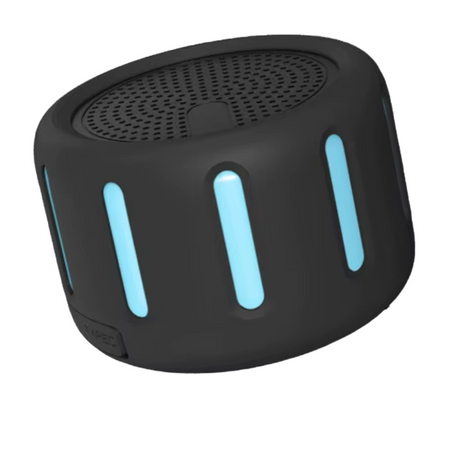 Black portable Bluetooth speaker with blue vertical light strips