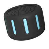 Black portable Bluetooth speaker with blue vertical light strips