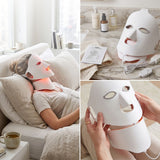 LED face and neck mask shown in an at-home therapy collage