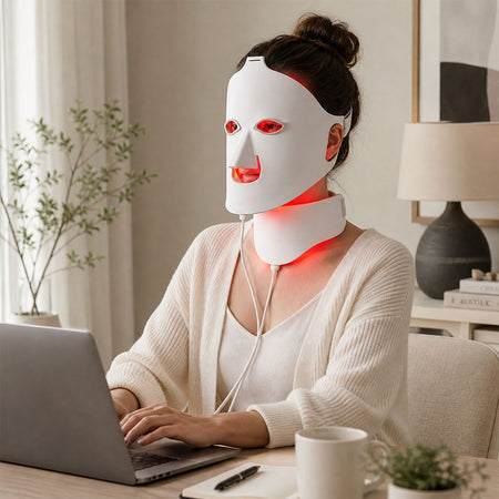 Woman wearing a red LED face and neck mask while using a laptop