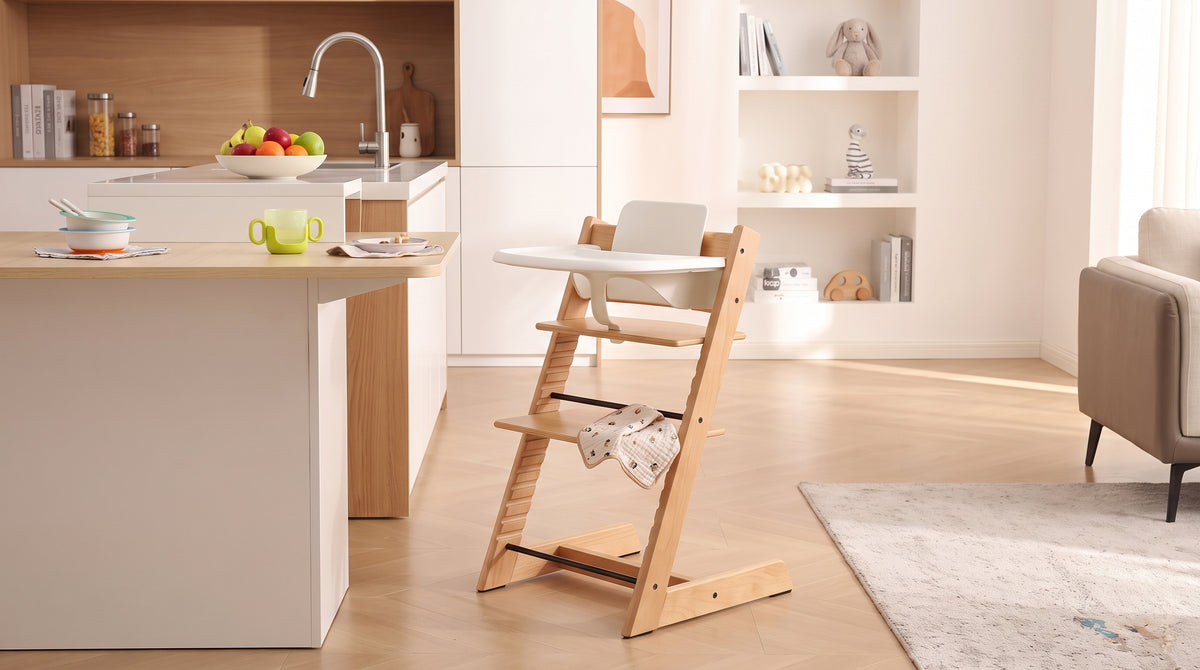 Blessy Wooden High Chair beside a kitchen island