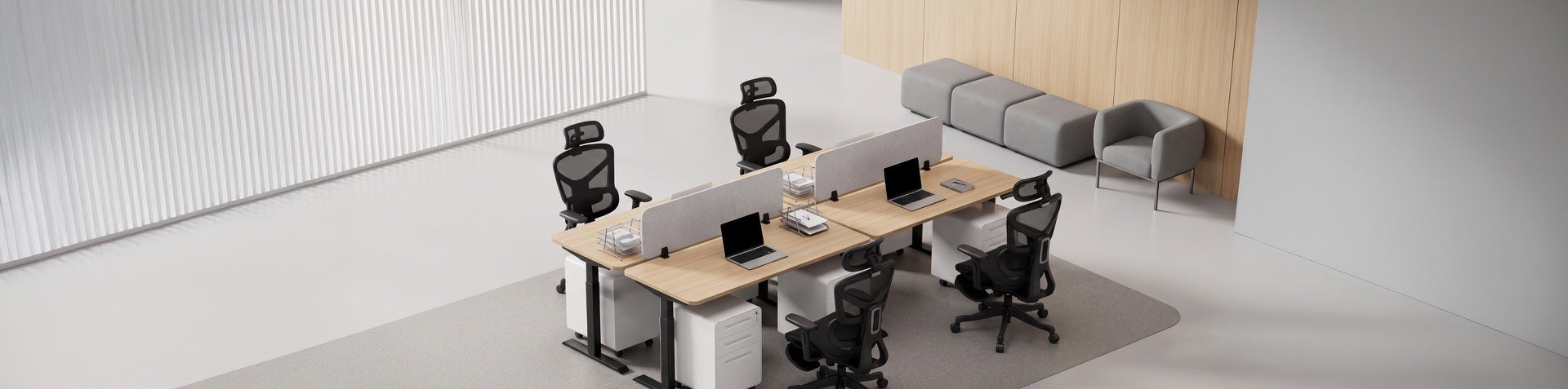 Modern MotionGrey commercial office with standing desks and ergonomic chairs