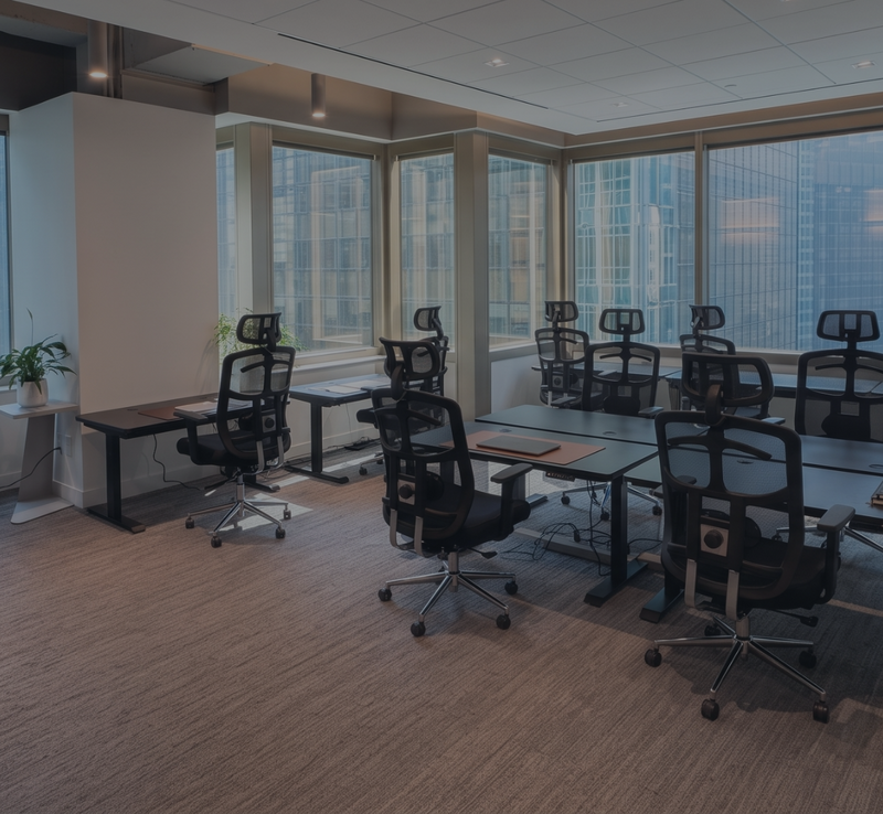 Modern office workspace with MotionGrey standing desks and ergonomic chairs