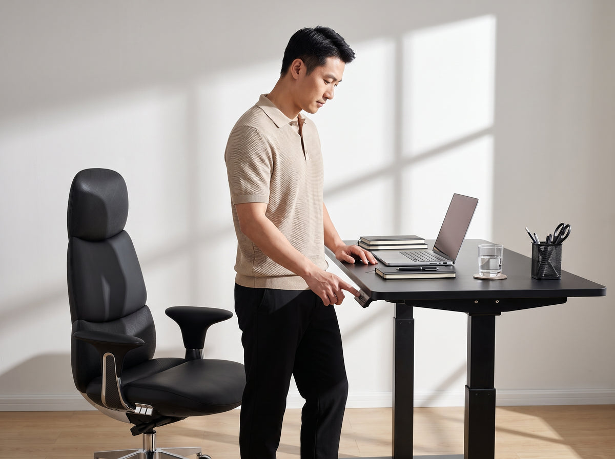 Man working at a black standing desk in a bright modern office
