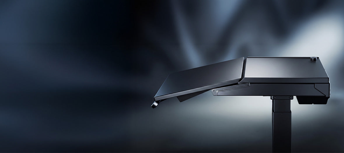 Motion Series Ultra height-adjustable desk with split-top surface, side view
