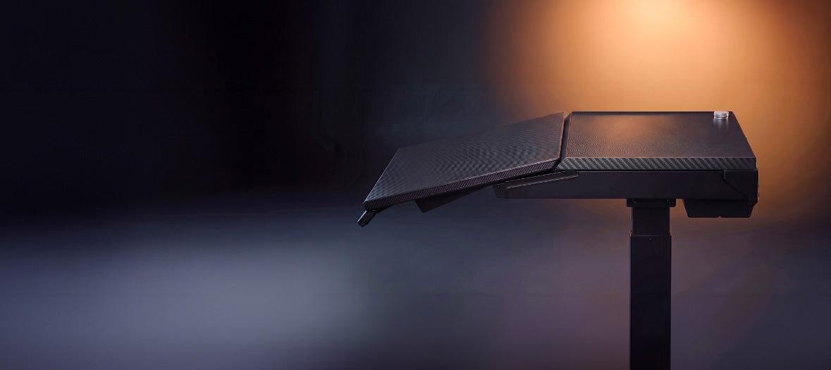 Motion Series Ultra height-adjustable desk with split-top surface, side view