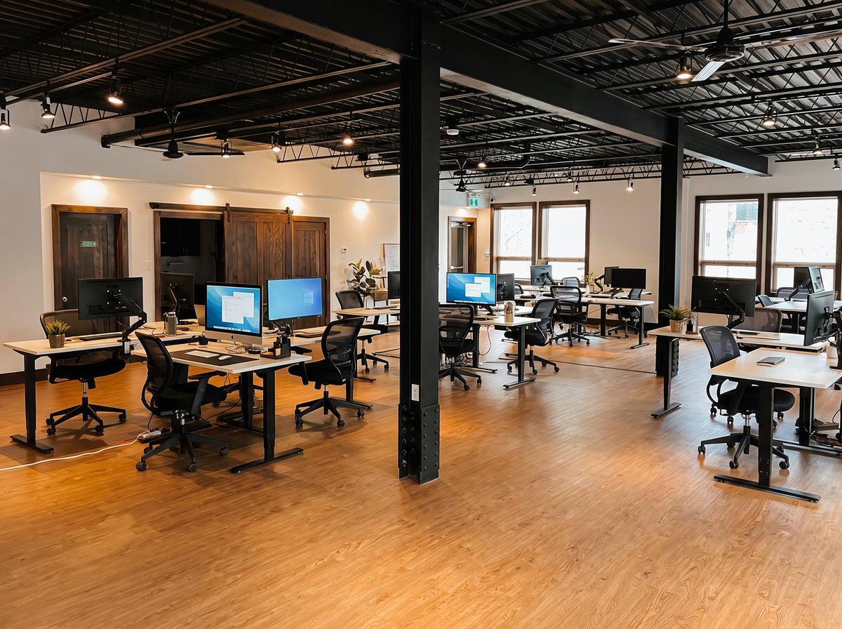 Open-plan office with MotionGrey height-adjustable standing desks and ergonomic chairs