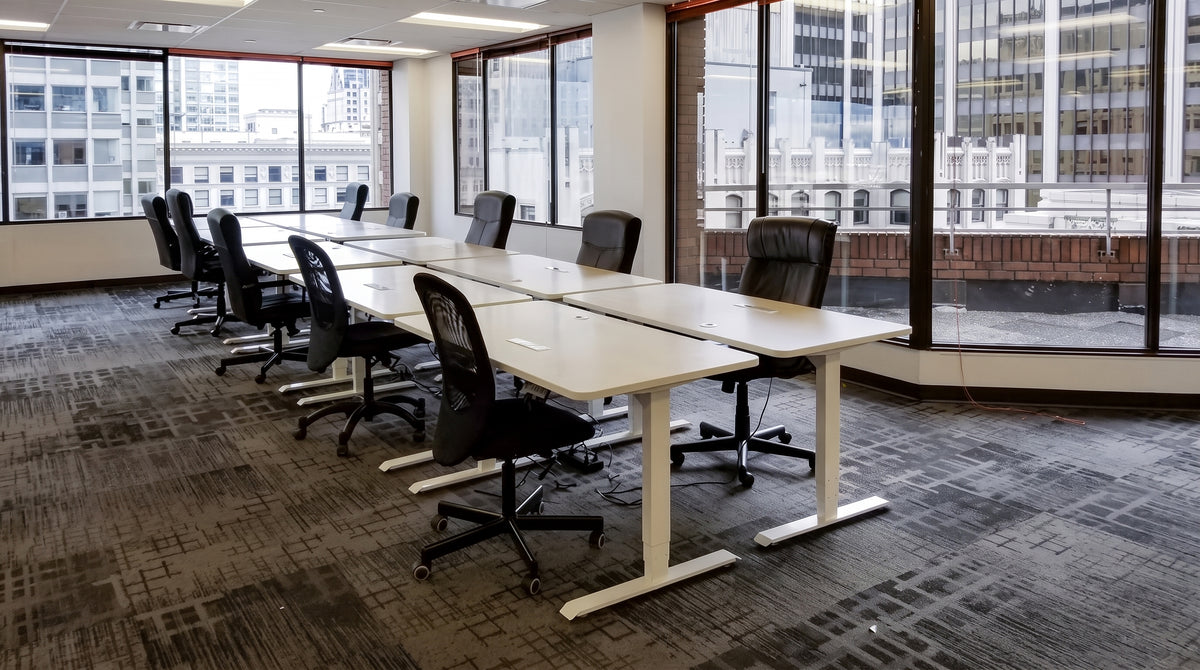 Bright office with MotionGrey standing desks along windows with city skyline view