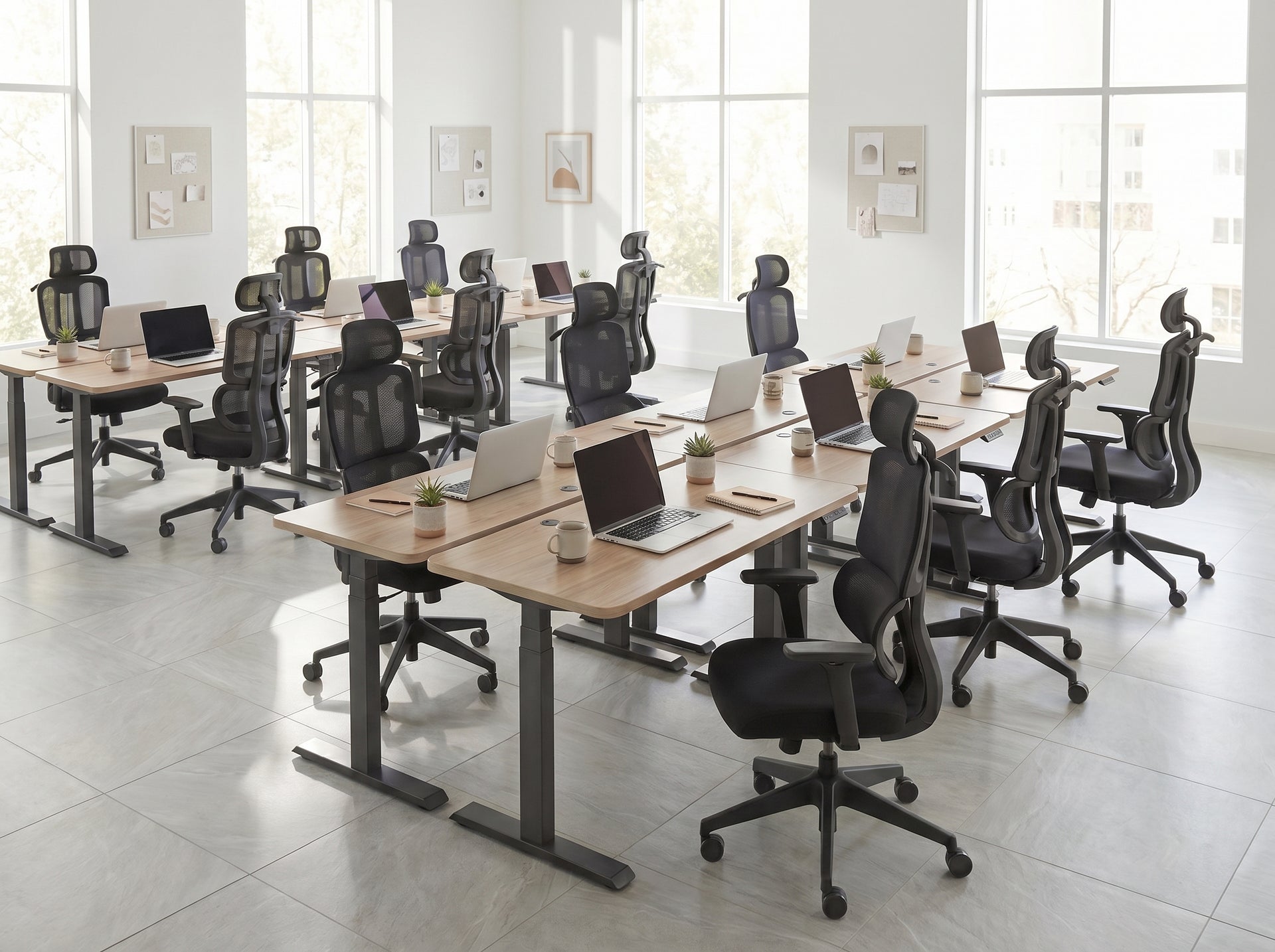 Modern office with MotionGrey standing desks and ergonomic chairs arranged in rows