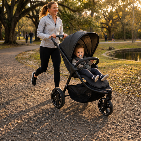 A woman jogging outdoors on a park path while pushing a black stroller with a baby seated inside. Trees and a small pond are visible in the background, and the scene is lit by warm golden sunlight.