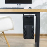 Computer tower suspended in a black mount beneath a wood desk