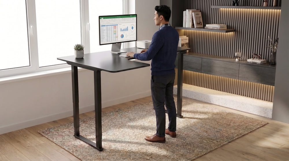 A MotionGrey standing desk adjusted for standing work